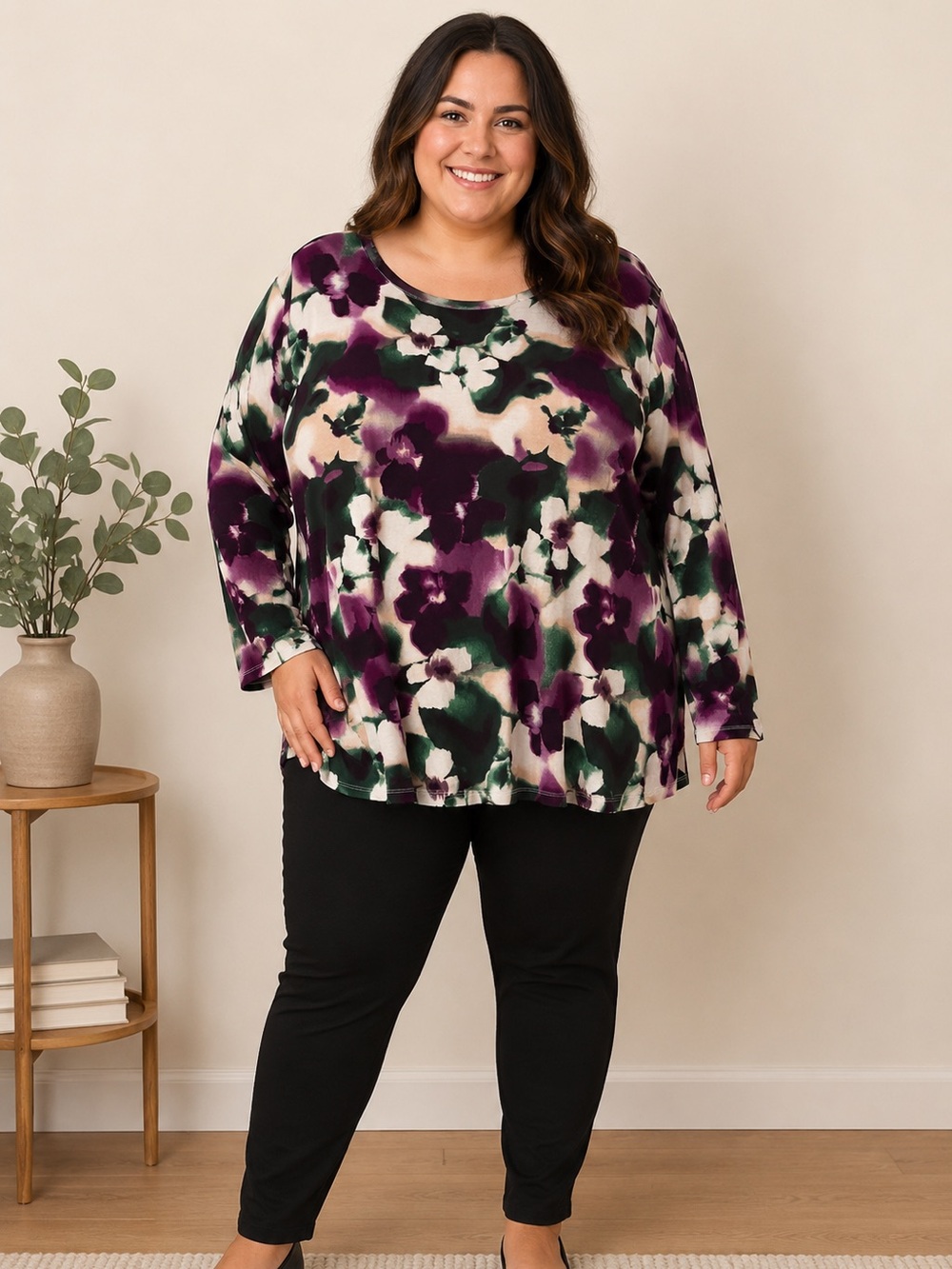 Chico's Purple and Green Floral Long Sleeve Tunic